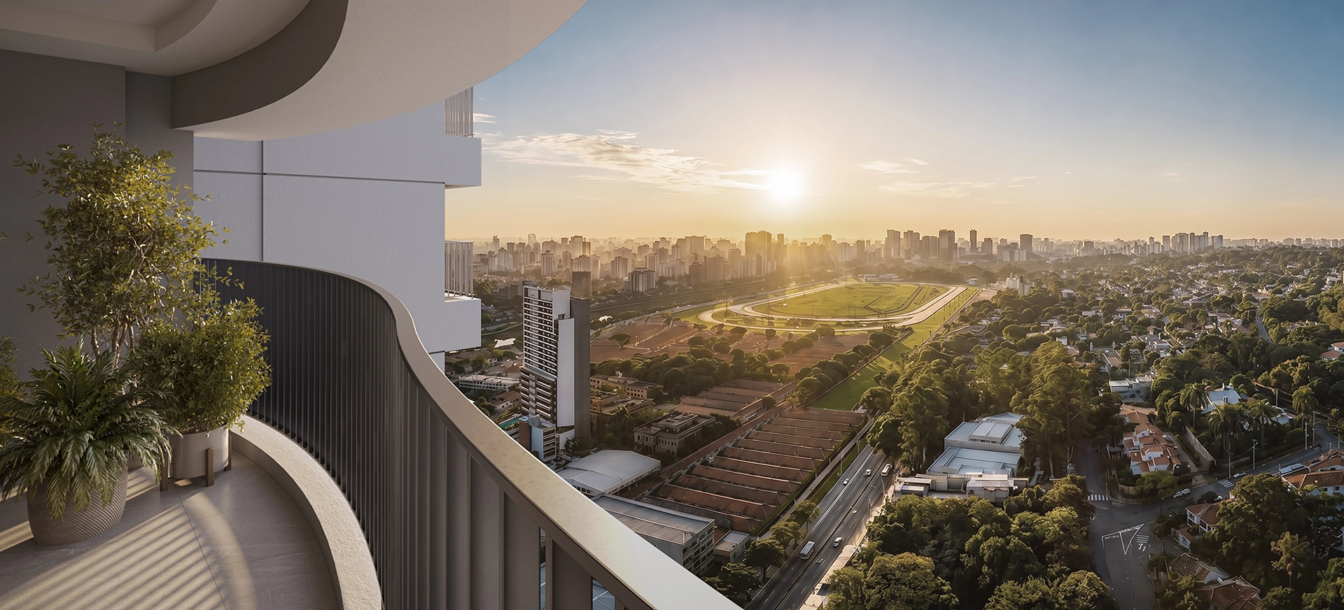 Perspectiva ilustrada da varanda com vista para o Jockey Butantã e a skyline de São Paulo ao pôr do sol